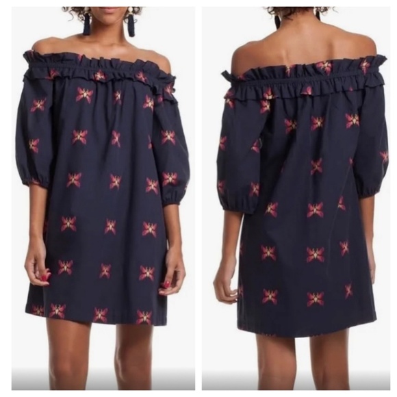 Trina Turk | Anthurium Off-The-Shoulder Mini Dress | Navy | L - Picture 1 of 13